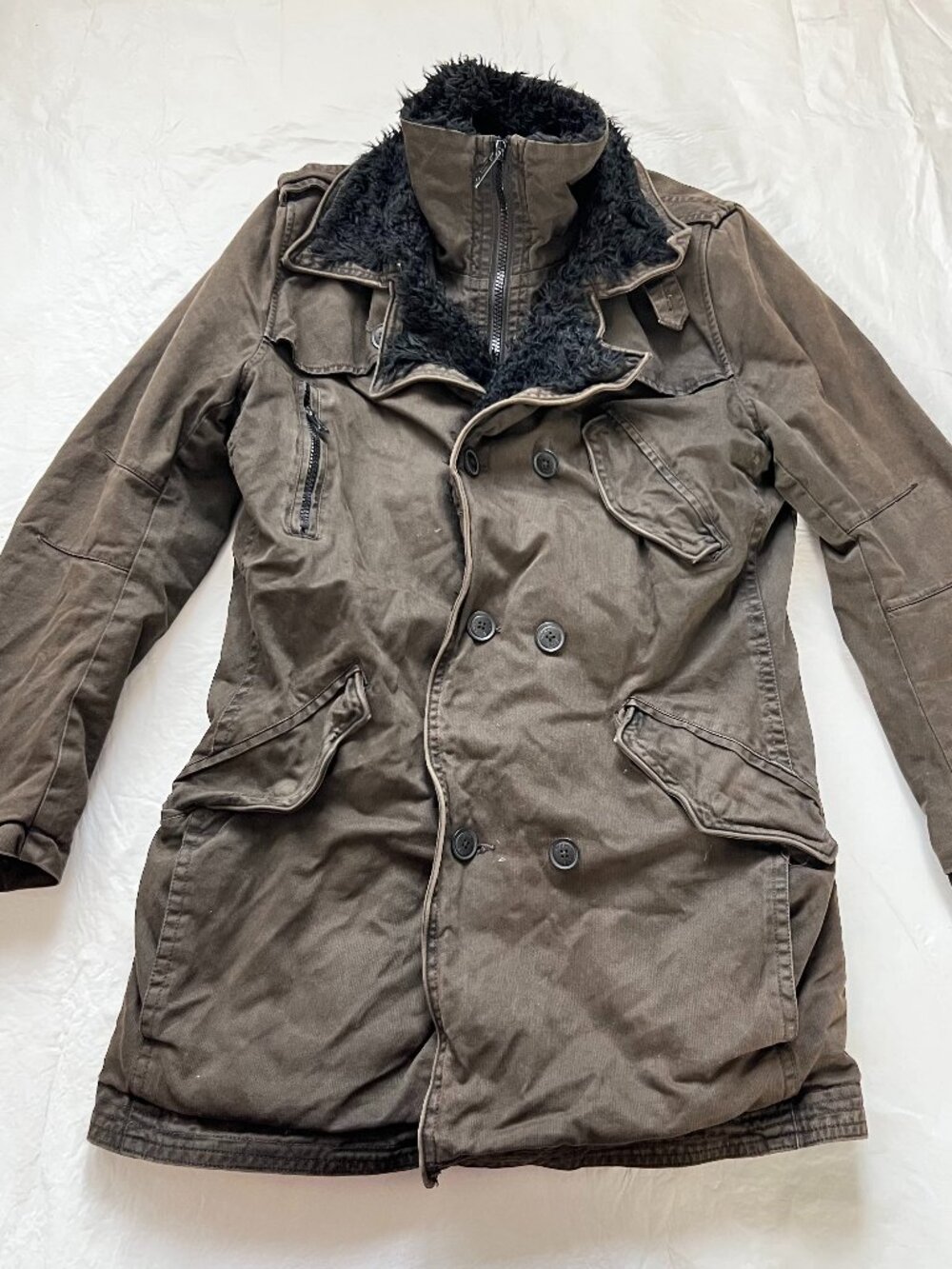 Rogue military style coat mens Medium brown gray canvas faux fur lining zipper